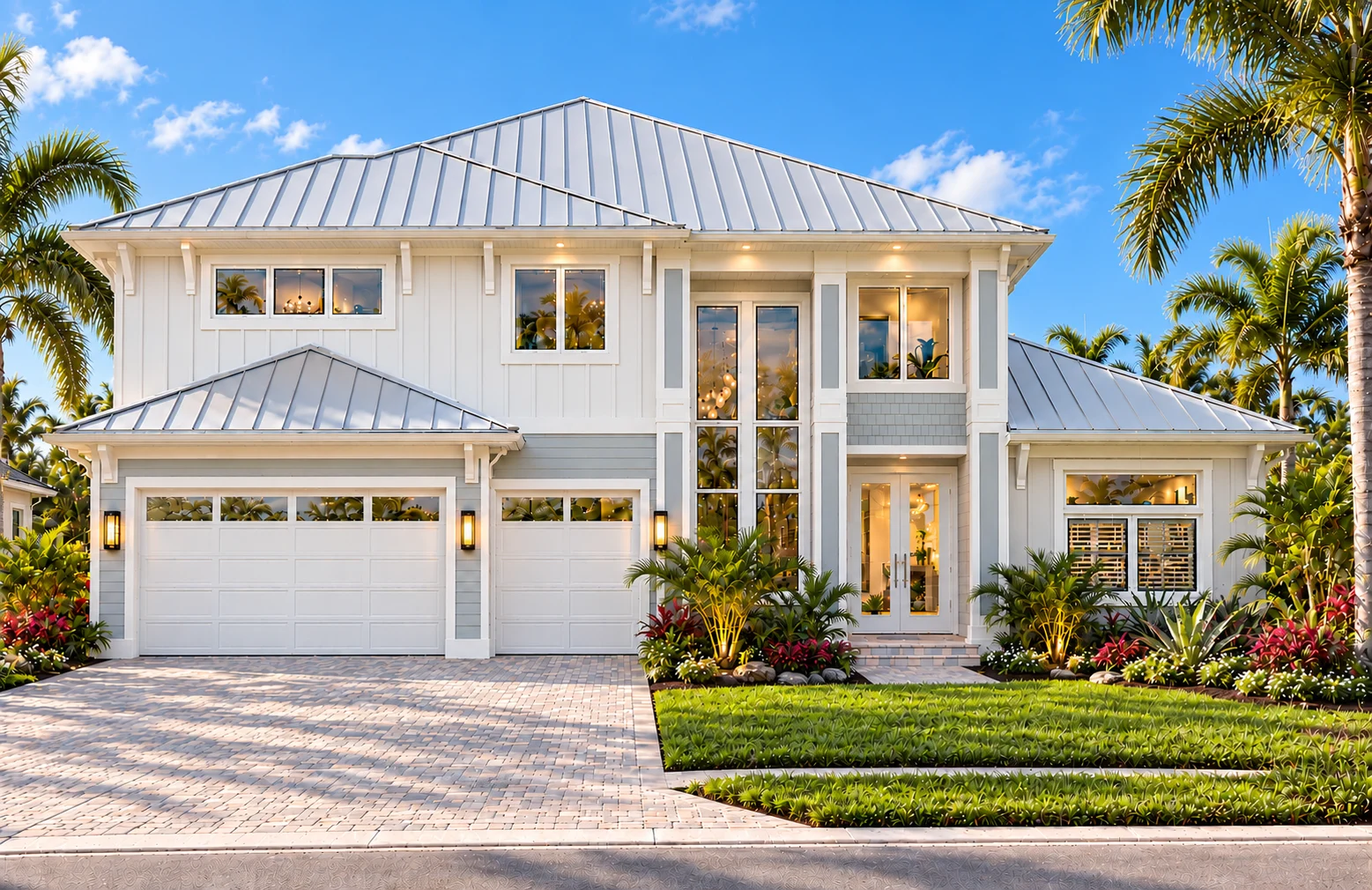 A coastal-craftsman 2 story house with a nod to modernism. light blue and a greek villa white with corbels