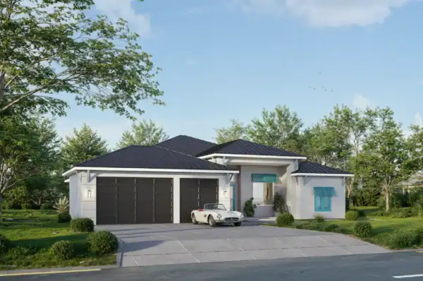 Custom single-story home exterior with dark roof and two-car garage built by Conquest Builders Corp in Cape Coral, FL